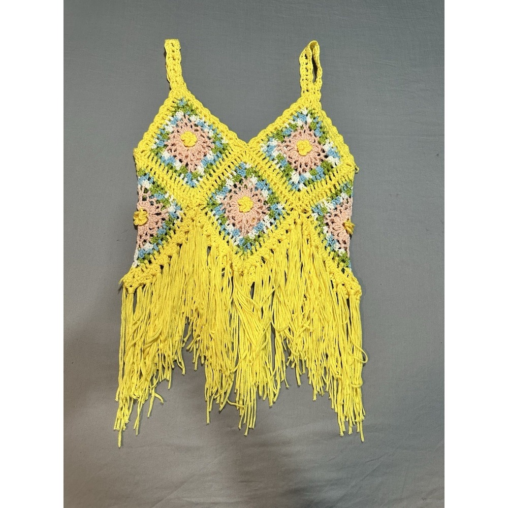 Wowo Granny‎ Square Crochet Fringe Top Yellow M